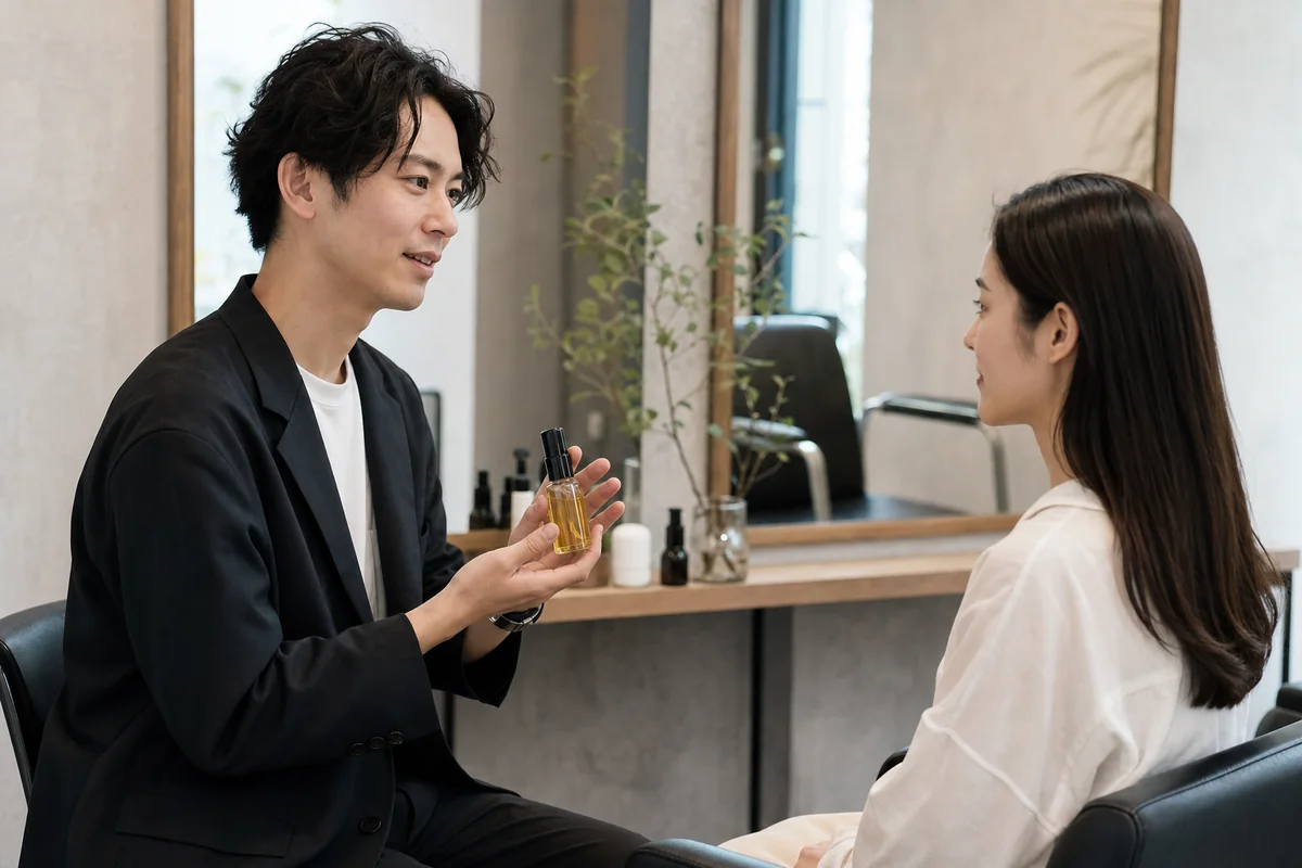 サロンで美容師がお客様にヘアオイルのボトルを見せながら説明している様子