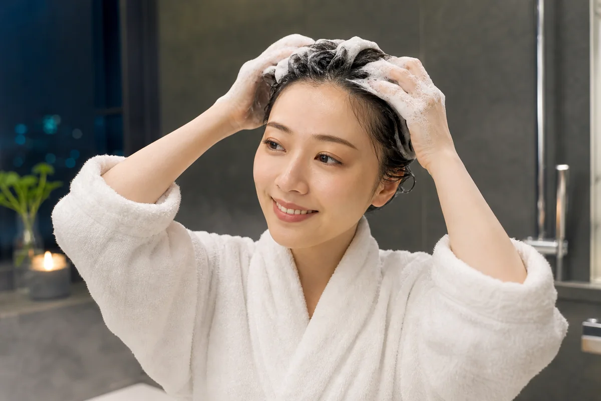 夜のバスルームでシャンプーをしている女性