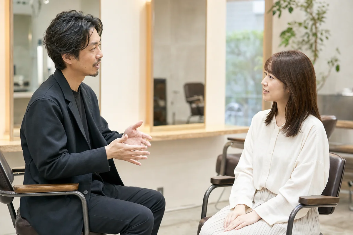 サロンで美容師がお客様にシャンプーの習慣について説明している様子