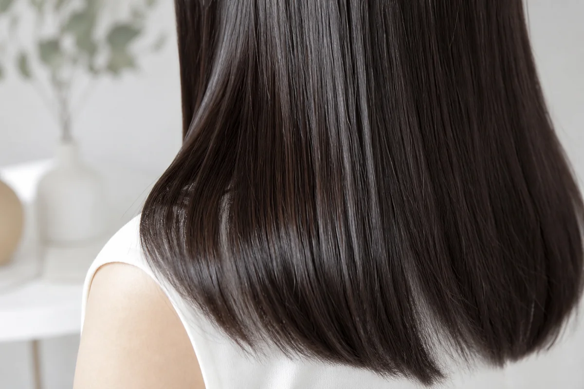 洗いたてでツヤのあるストレートヘアのクローズアップ