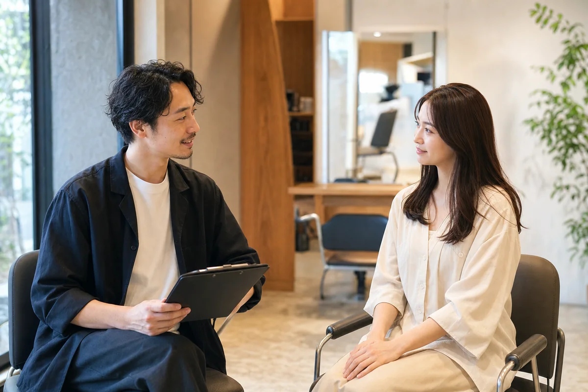 サロンでリラックスして話すお客様と美容師