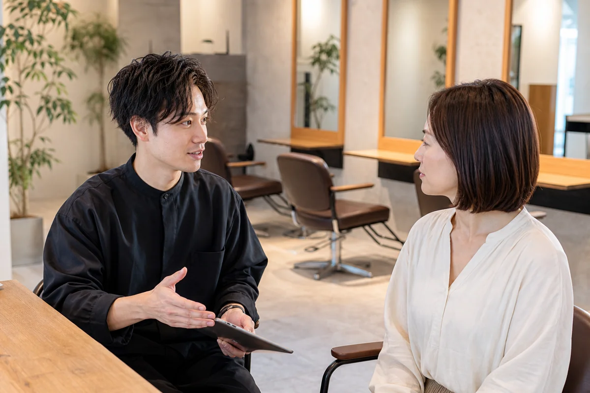 サロンで美容師がお客様に頭皮について説明している様子