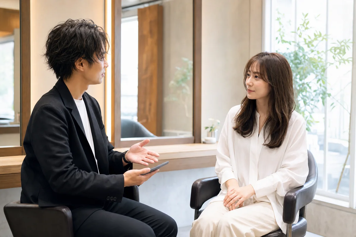 サロンで美容師がお客様に髪の状態を説明しているカウンセリングの様子