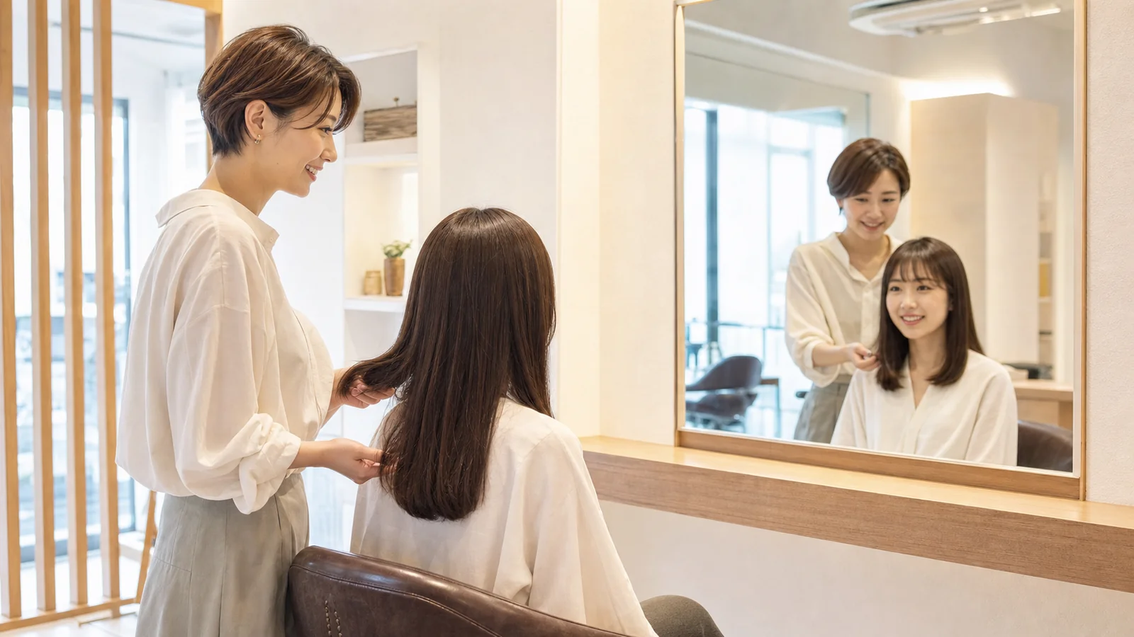 サロンで美容師がお客様の髪を確認しながらカウンセリングしている様子