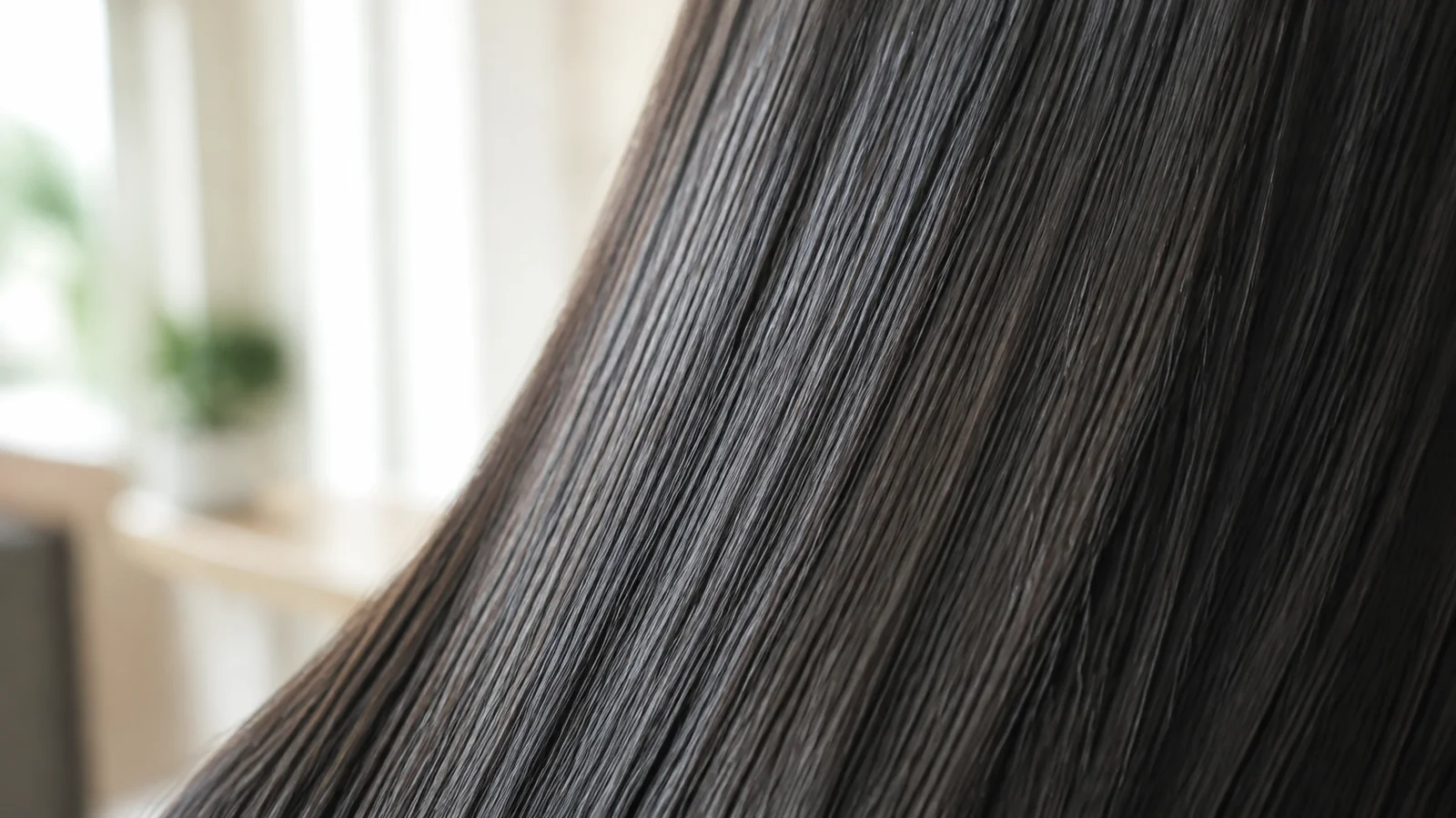 ツヤのあるストレートヘアの毛束のクローズアップ